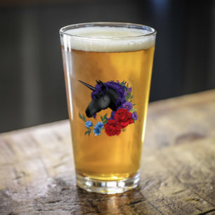 Black Unicorn with Flowers Glass