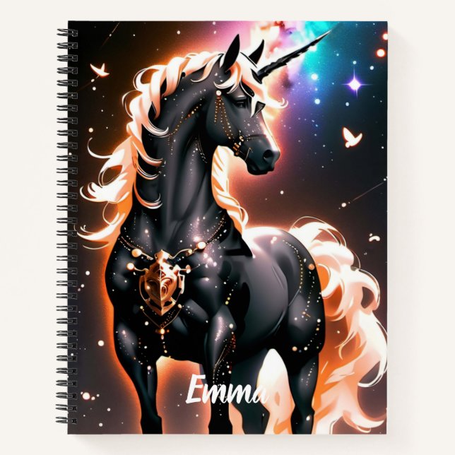 Black Unicorn With Gold Mane Custom Name Script Notebook (Front)