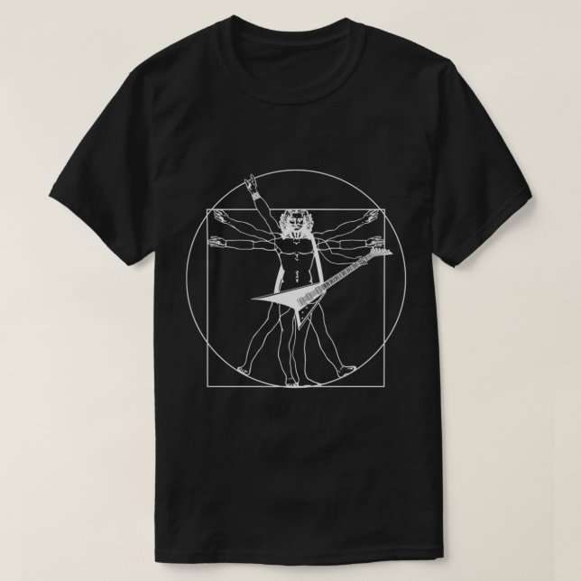 Black Unique Vitruvian man playing Flying V guitar T-Shirt (Design Front)