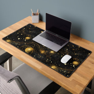 Black Universe Golden Planet Abstract Illustration Desk Mat
