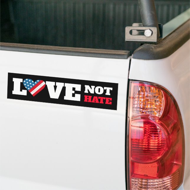 Black USA Flag Heart Love Not Hate Bold Rustic  Bumper Sticker (On Truck)