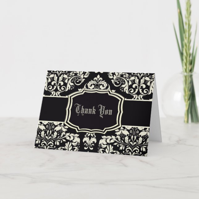 Black & Vanilla Cream Damask Thank You Card (Front)