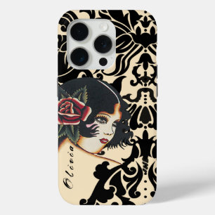 Black Vector Damask Vintage Girly Girl iPhone 15 Pro Case