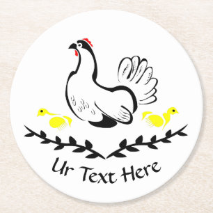 Black Vector Hen Monogram Round Paper Coaster