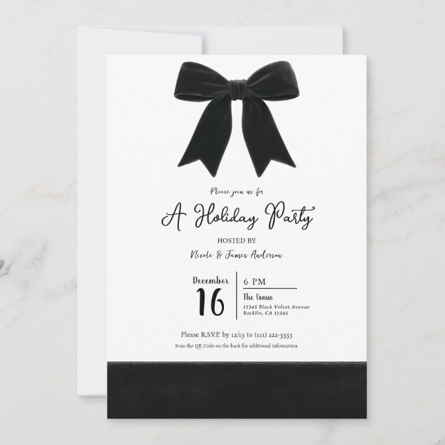 Black Velvet Bow Elegant Posh Photo Holiday Party Invitation (Front)