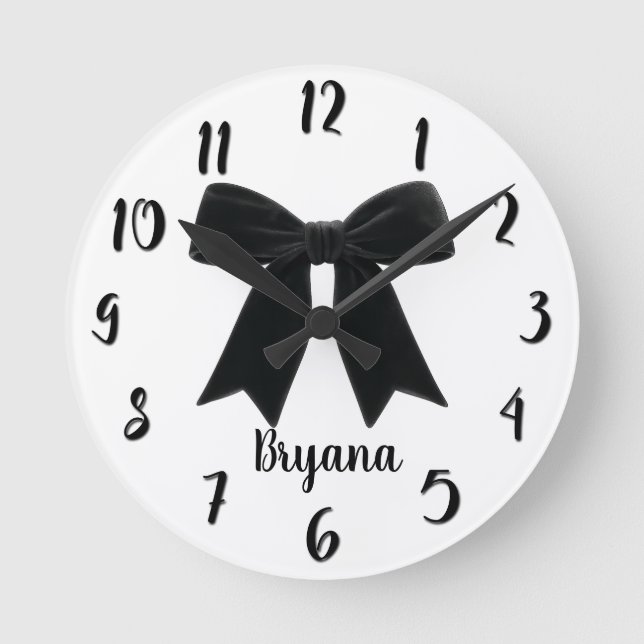 Black Velvet Bow Elegant Posh Trendy Round Clock (Front)