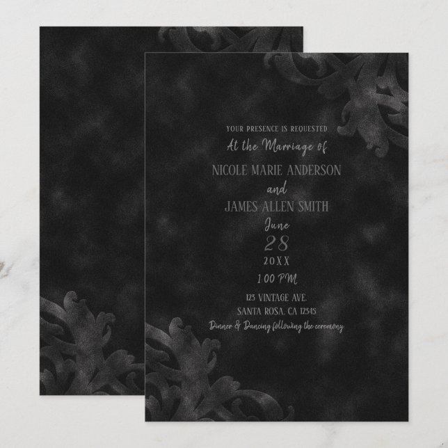Black Velvet Elegant Vintage Glam Glamour Wedding Invitation (Front/Back)