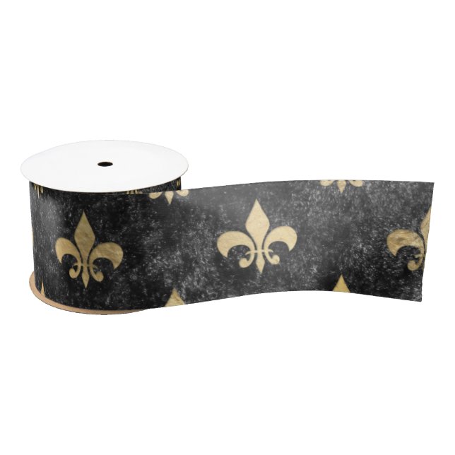 Black Velvet Fleur De Lis Mardi Gras Orleans Satin Ribbon (Spool)