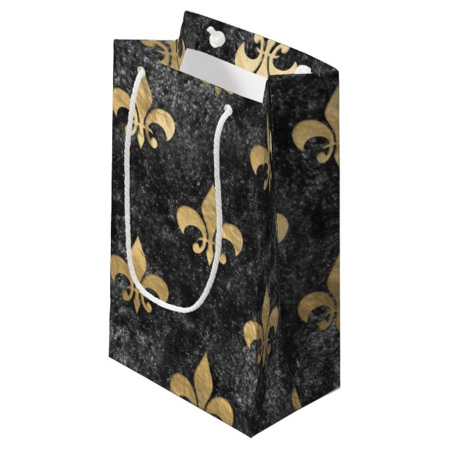Black Velvet Fleur De Lis Mardi Gras Orleans Small Gift Bag (Front Angled)