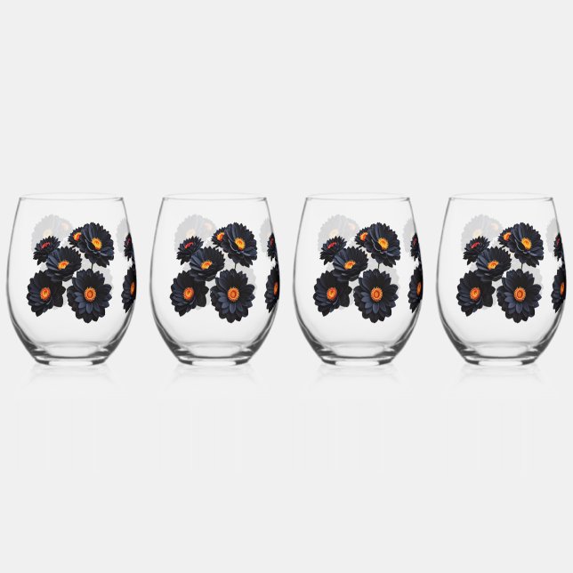 Black velvet flowers  stemless wine glass (Front)