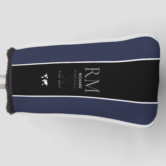 black vertical stripe monogrammed on dark-blue golf head cover (Front)