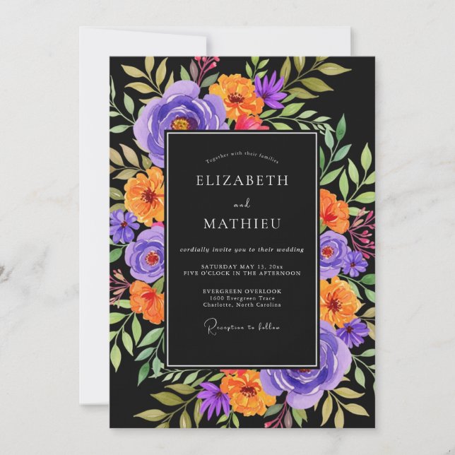 Black Vibrant Botanical Wedding Invitation (Front)