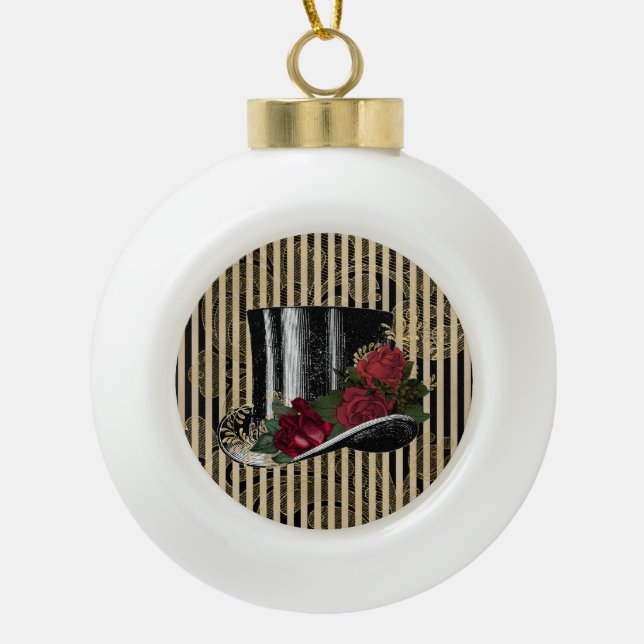 Black Victorian Hat on Black Gold Damask Stripes Ceramic Ball Christmas Ornament (Front)