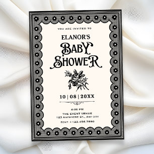 Black victorian lace baby shower invitation