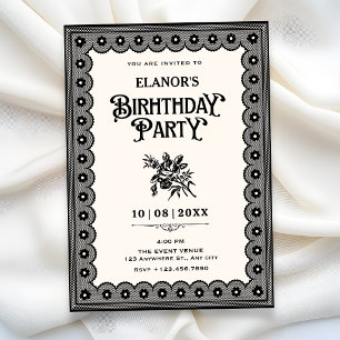 Black victorian lace birthday invitation