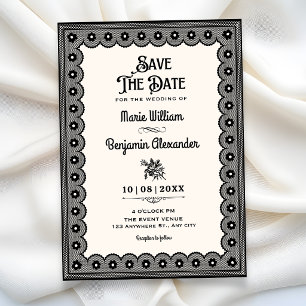 Black victorian lace wedding save the date