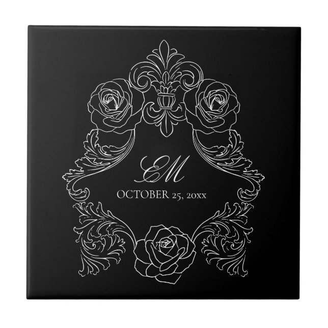Black Victorian Monogram Logo Ceramic Tile (Front)