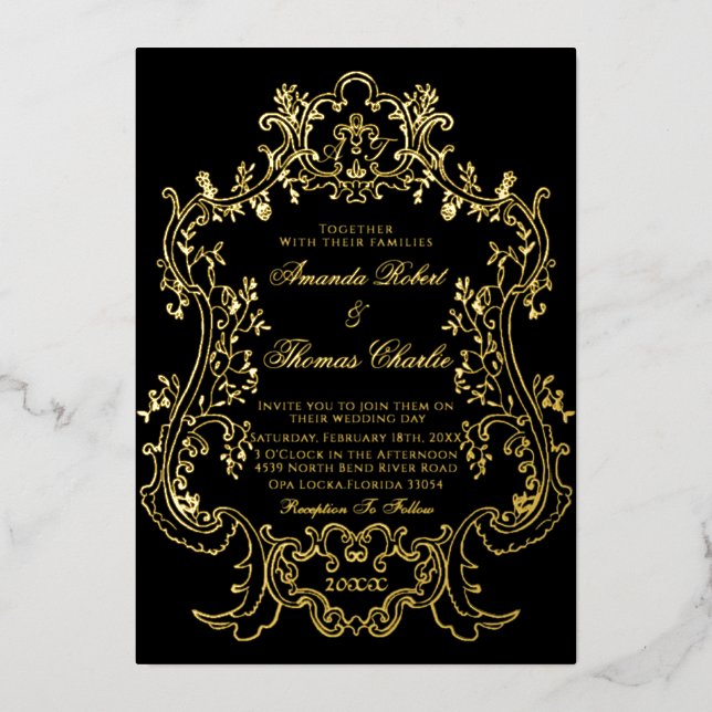 Black Victorian White and Gold Wedding Invitation (Front)