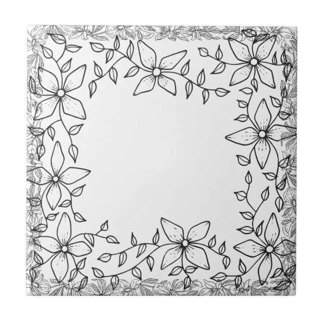 Black Vine Flowers Border | Ceramic Tile (Front)