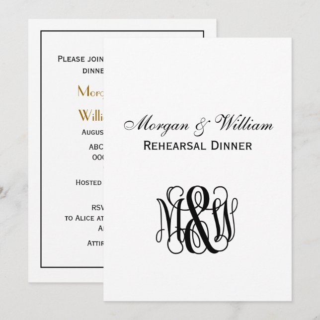 Black Vine Script Monogram B&G DIY BG Rehearsal Invitation (Front/Back)