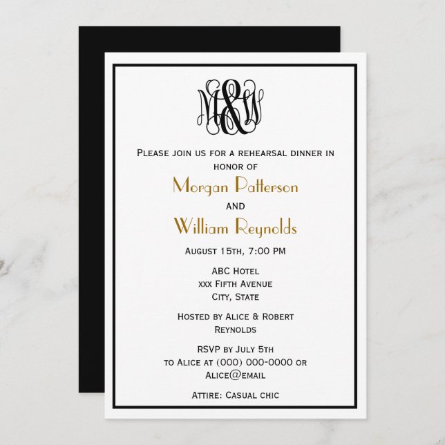Black Vine Script Monogram B&G DIY BG Rehearsal Invitation (Front/Back)