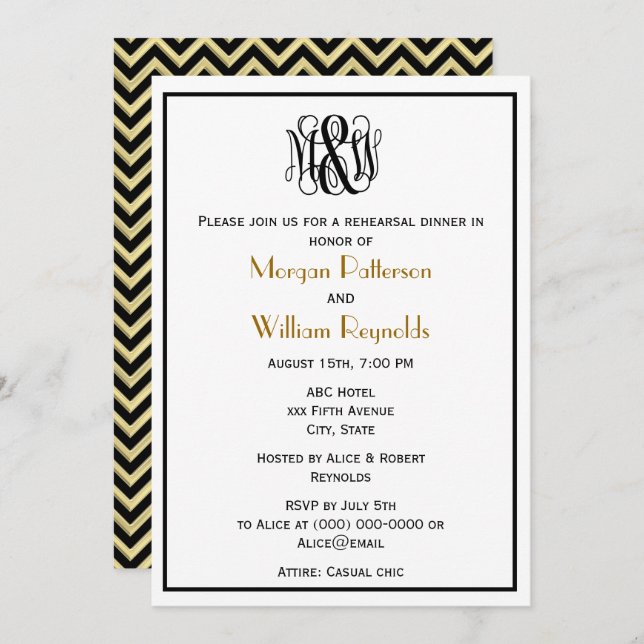 Black Vine Script Monogram DIY BG Rehearsal Chev Invitation (Front/Back)