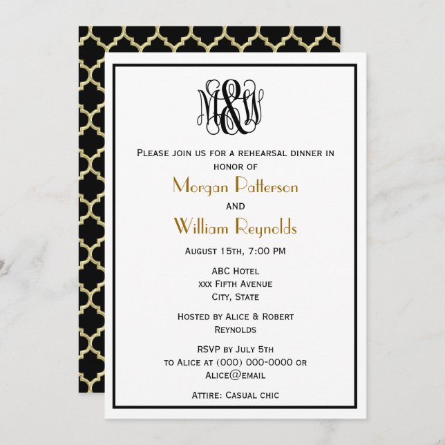 Black Vine Script Monogram DIY BG Rehearsal Morocc Invitation (Front/Back)