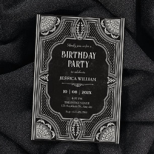 Black vintage art deco birthday invitation