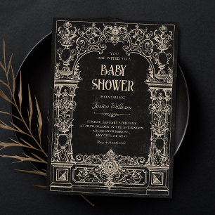 Black Vintage baroque gothic arch baby shower Invitation