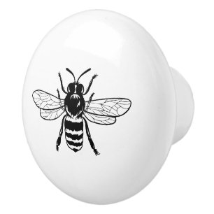 Black   Vintage Bee Illustration Ceramic Knob