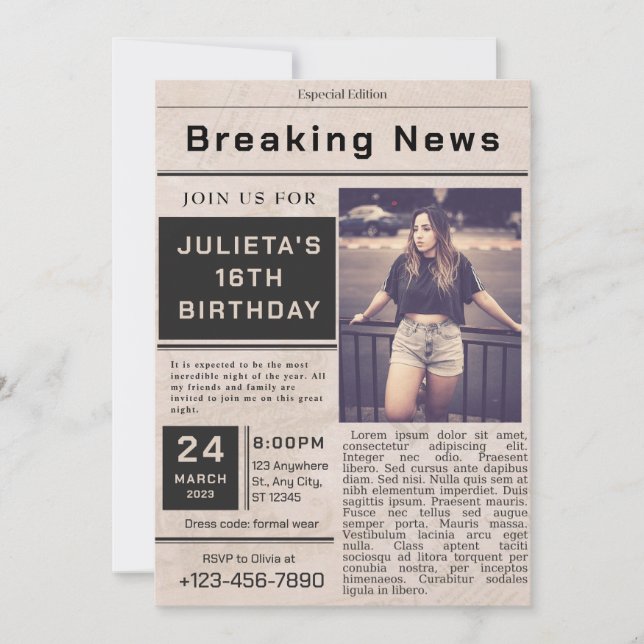 Black Vintage Breaking News Birthday  Invitation (Front)