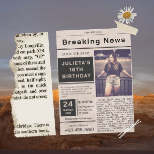 Black Vintage Breaking News Birthday Invitation