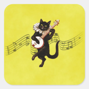 Black Vintage Cat Playing Banjo on Music Notes Square Sticker