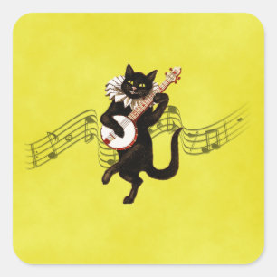 Black Vintage Cat Playing Banjo on Music Notes Square Sticker