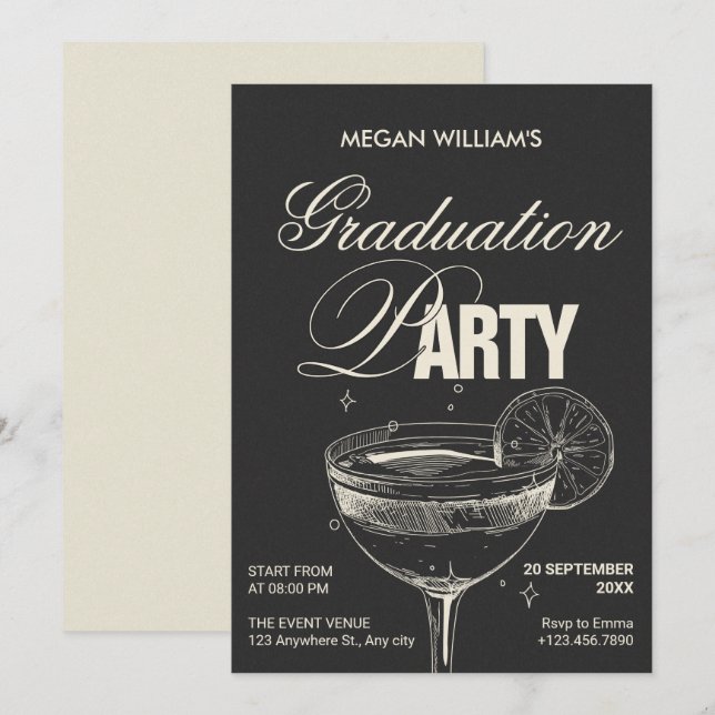 Black vintage cocktail graduation party invitation (Front/Back)