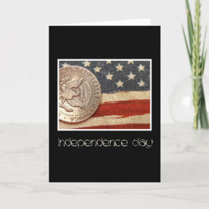 black vintage coin on flag Independence day greeti Card