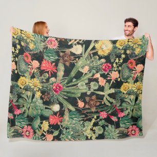 Black Vintage Colourful Cactus Fleece Blanket