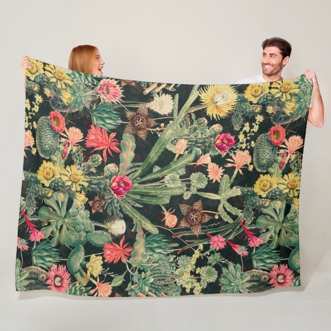 Black Vintage Colourful Cactus Fleece Blanket (In Situ)