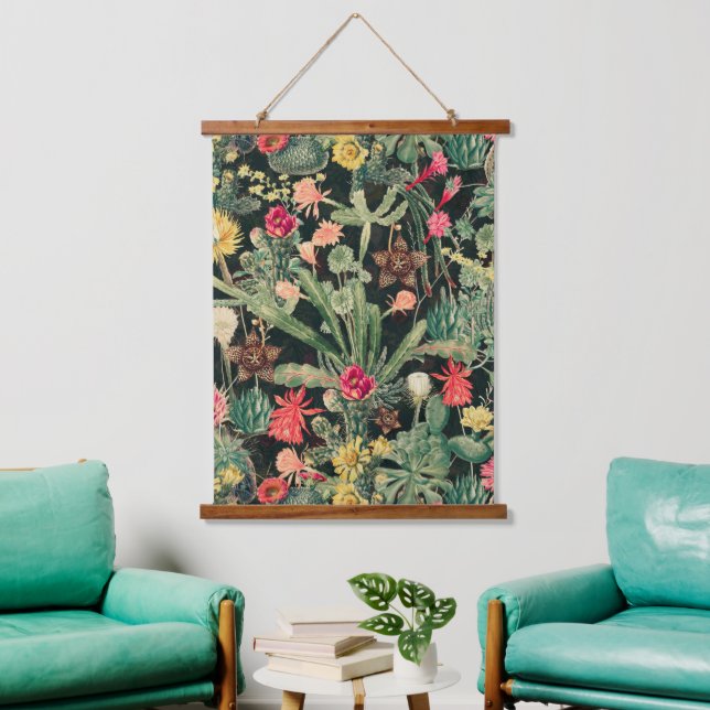 Black Vintage Colourful Cactus Hanging Tapestry (Living Room)