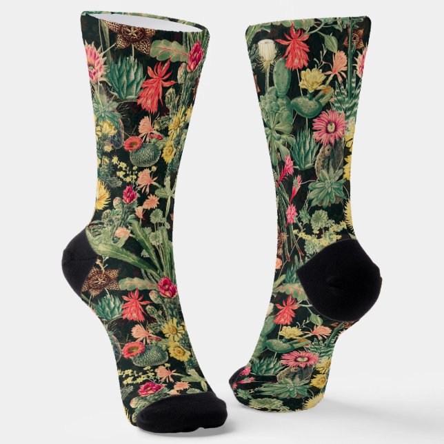 Black Vintage Colourful Cactus Socks (Angled)