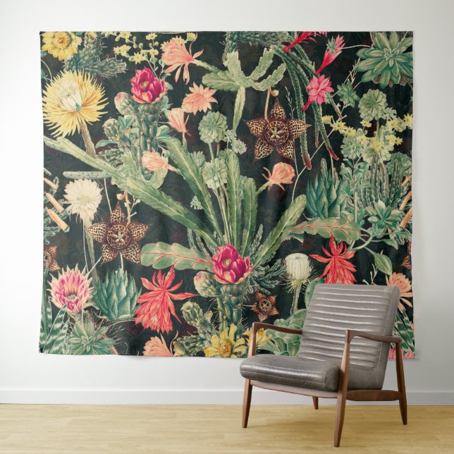 Black Vintage Colourful Cactus Tapestry (In Situ (Horizontal))