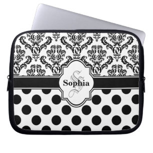 Black Vintage Damask Cute Polka Dots Laptop Sleeve