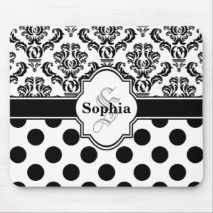 Black Vintage Damask Cute Polka Dots Mouse Mat