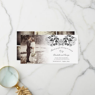 Black Vintage Damask Floral Flourish Photo Wedding Thank You Card