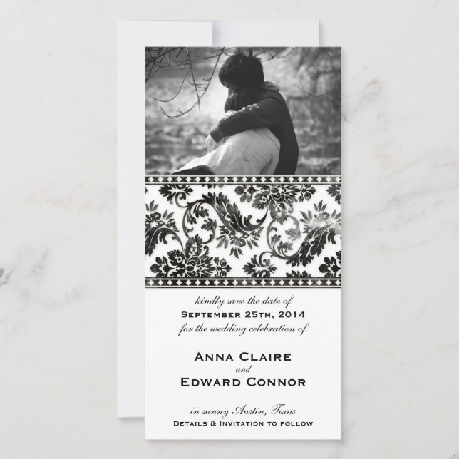 Black Vintage Damask Lace Save the Date (Front)