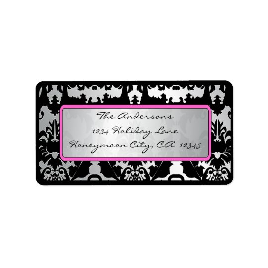 Black Vintage Damask Pink & Silver Address Label