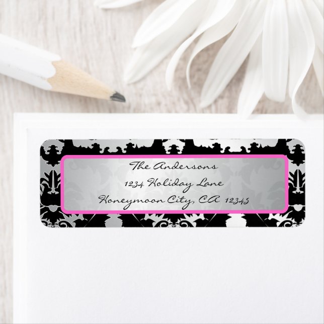 Black Vintage Damask Pink & Silver Address Label (Insitu)