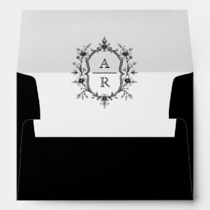 Black vintage floral crest monogram wedding envelope