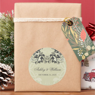 Black Vintage Floral Flourish Wedding Party Favour Classic Round Sticker