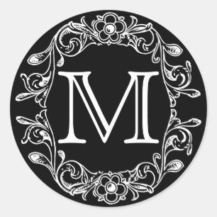 Black Vintage Floral Monogram Classic Round Sticker